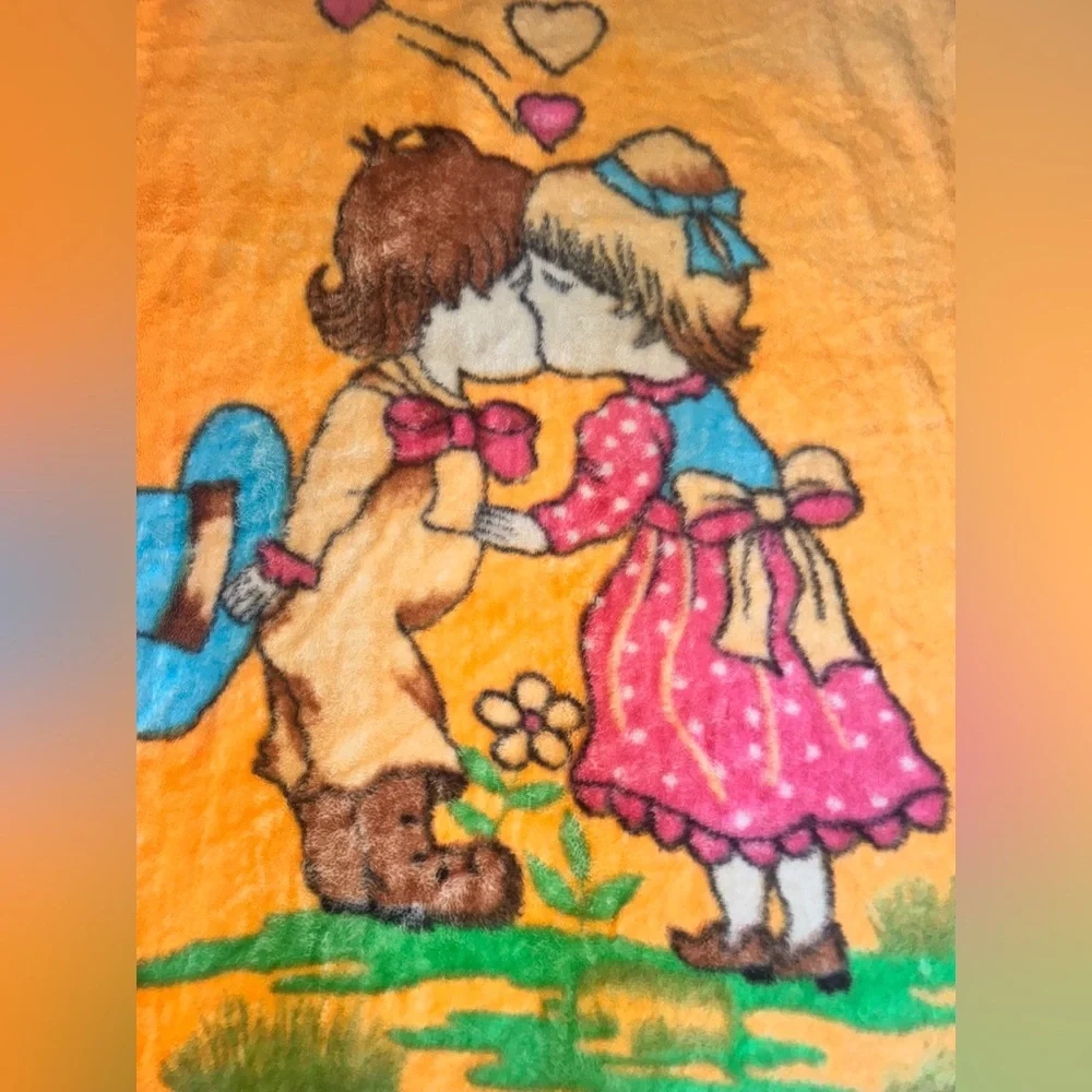 Vintage Baby Mink Orange Boy Kissing Girl Baby Blanket  43”x55”